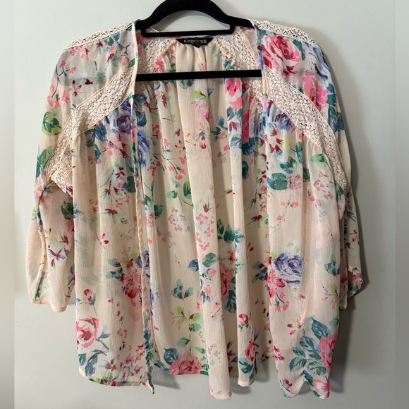 Express Tops - Express Floral Kimono Cardigan with crochet/lace accents